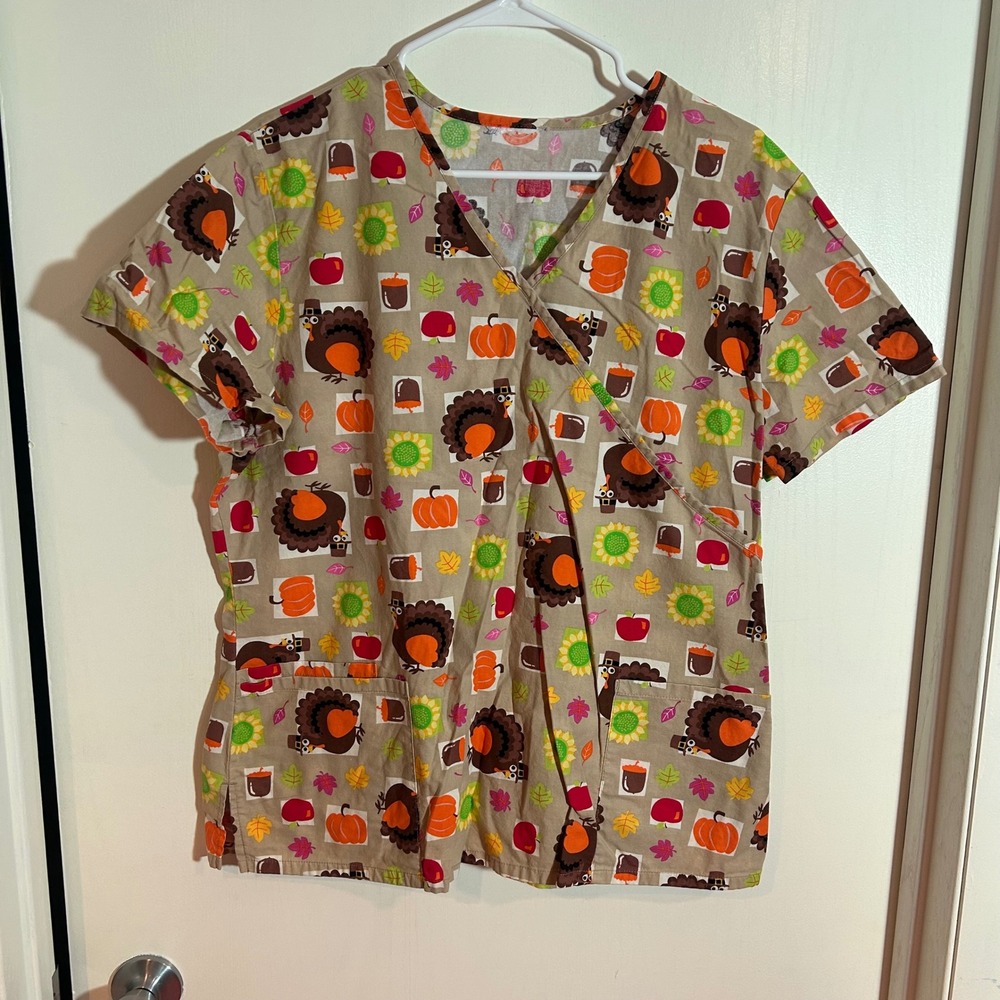 Thanksgiving Holiday Scrub Top Turkey Pumpkin Sunflower Fall Print Mock Wrap